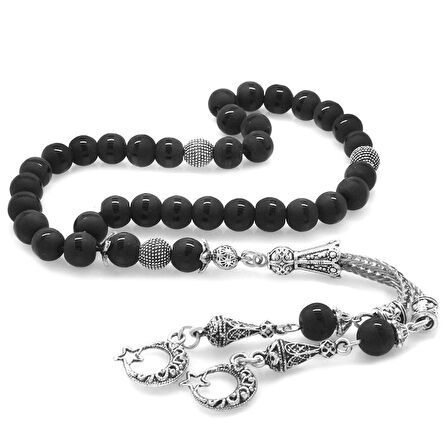 Kararmaz Metal Ayyıldız Püsküllü Küre Kesim Ortası Çizgili Oniks Doğaltaş Tesbih