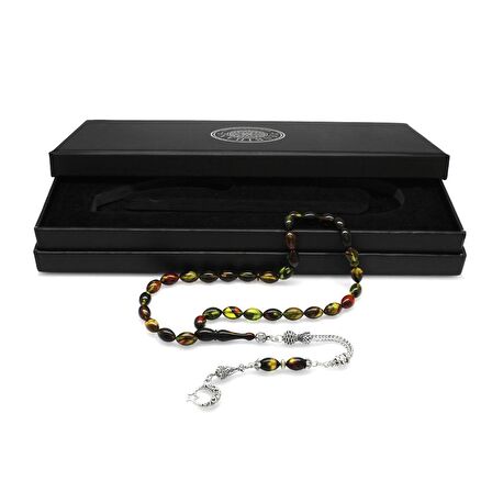 Ayyıldız Kararmaz Metal Püsküllü Arpa Kesim Bala-Siyah Ateş Kehribar Tesbih