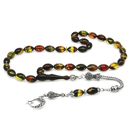 Ayyıldız Kararmaz Metal Püsküllü Arpa Kesim Bala-Siyah Ateş Kehribar Tesbih