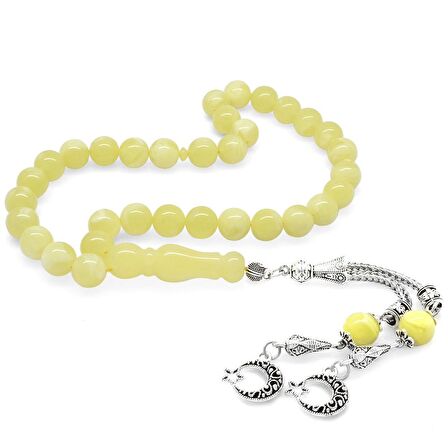 Kararmaz Metal Ayyıldız Püsküllü Küre Kesim Sarı-Beyaz Hareli Beyrut Kehribar Tesbih