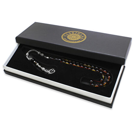 Kararmaz Metal Ayyıldız Püsküllü Küre Kesim Bala-Siyah Ateş Kehribar Tesbih