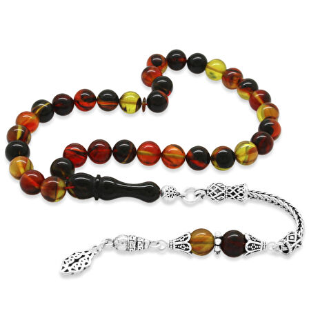 925 Ayar Gümüş Püsküllü Küre Kesim Bala-Siyah Ateş Kehribar Tesbih