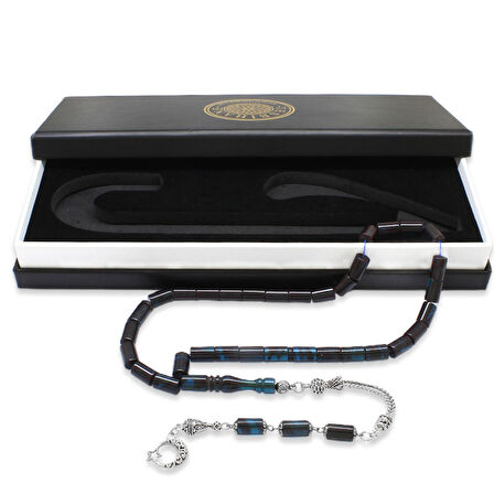 Kararmaz Metal Püsküllü Kesme Kesim Turkuaz-Siyah Ateş Kehribar Tesbih