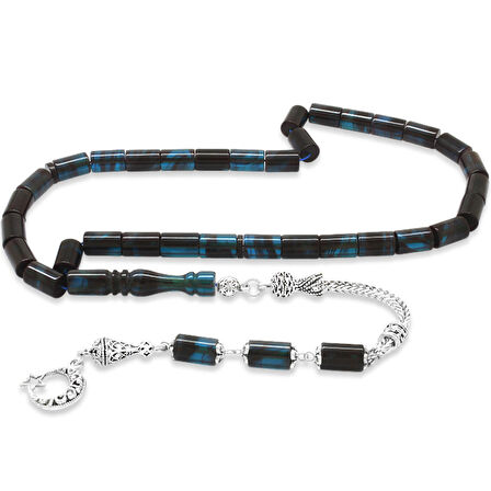 Kararmaz Metal Püsküllü Kesme Kesim Turkuaz-Siyah Ateş Kehribar Tesbih