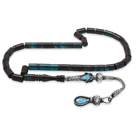 1000 Ayar Gümüş Kazaz Püsküllü Kesme Kesim Turkuaz-Siyah Ateş Kehribar Tesbih