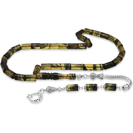 Kararmaz Metal Püsküllü Kesme Kesim Siyah-Beyaz Ateş Kehribar Tesbih