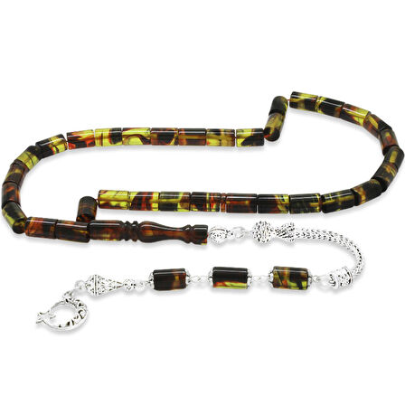 Kararmaz Metal Püsküllü Kesme Kesim Bala-Siyah Ateş Kehribar Tesbih