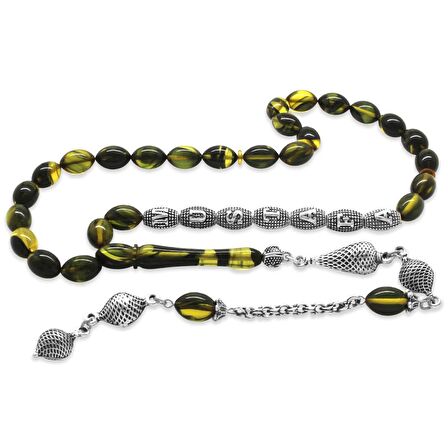 Kararmaz Metal Püsküllü Kişiye Özel İsim Yazılı Sarı-Siyah Ateş Kehribar Tesbih