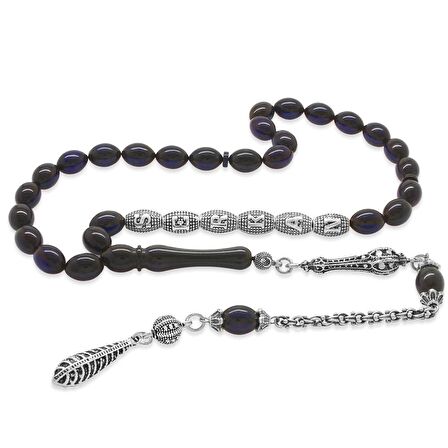 Kararmaz Metal Püsküllü Kişiye Özel İsim Yazılı Lacivert Sıkma Kehribar Tesbih