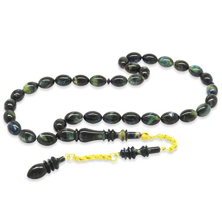 Gold Renk 925 Ayar Gümüş Püsküllü İmamesı Usta İşçilikli Arpa Kesim Sedefli Turkuaz-Siyah Katalin Tesbih