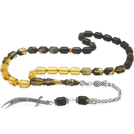 925 Ayar Gümüş Kral Püsküllü Uçlu Kapsül Kesim Kişiye Özel İsim Yazılı Süzme Siyah-Beyaz Ateş Kehribar Tesbih