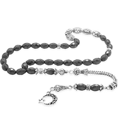 Kararmaz Metal Püsküllü Faset Arpa Kesim Metal İsim Yazılı Hematit Doğaltaş Tesbih