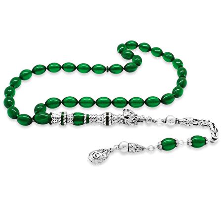 925 Ayar Gümüş Kral Püsküllü Nakkaş İmameli Kurt Başı Tasarım Yeşil Ateş Kehribar Tesbih