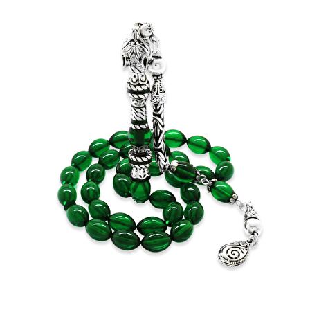 925 Ayar Gümüş Kral Püsküllü Nakkaş İmameli Kurt Başı Tasarım Yeşil Ateş Kehribar Tesbih