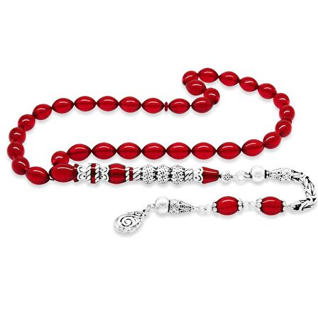 925 Ayar Gümüş Kral Püsküllü Gümüş Üç Şerefeli Nakkaş İmameli Bayrak Kırmızısı Ateş Kehribar Tesbih