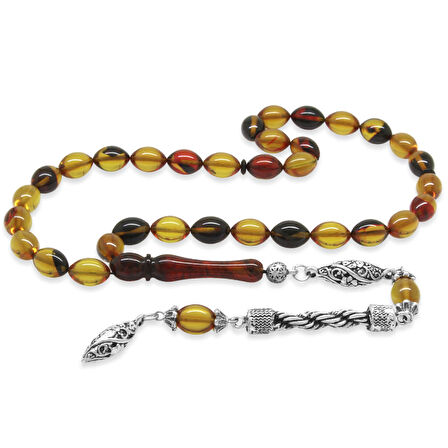 Kararmaz Metal Halat Püsküllü Arpa Kesim Bala-Siyah Ateş Kehribar Tesbih