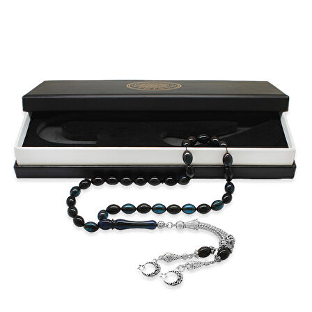 Kararmaz Metal Ayyıldız Püsküllü Arpa Kesim Turkuaz-Siyah Ateş Kehribar Tesbih