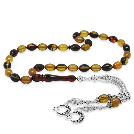 Kararmaz Metal Ayyıldız Püsküllü Arpa Kesim Bala-Siyah Ateş Kehribar Tesbih