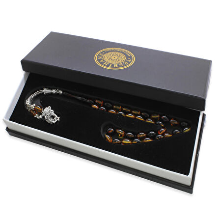 Kararmaz Metal Ayyıldız Püsküllü Arpa Kesim Bala-Siyah Ateş Kehribar Tesbih