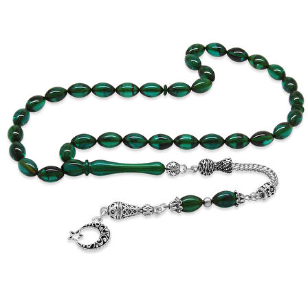 Ayyıldız Kararmaz Metal Püsküllü Arpa Kesim Turkuaz Ateş Kehribar Tesbih