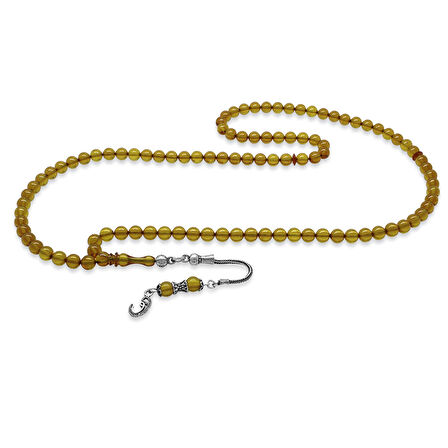 925 Ayar Gümüş Püsküllü Küre Kesim Sarı Ateş Kehribar 99luk Tesbih