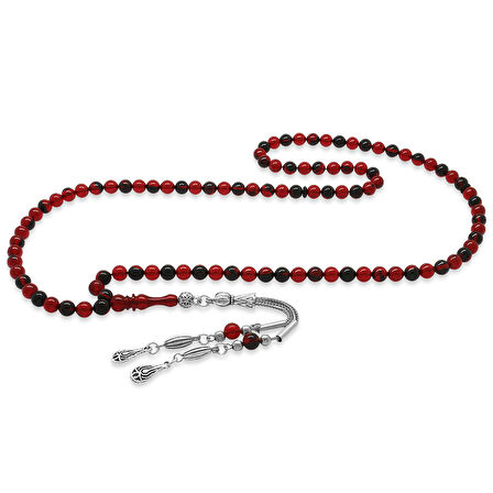 Kararmaz Metal Su Damlası Püsküllü Küre Kesim Kırmızı-Siyah Ateş Kehribar 99luk Tesbih