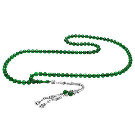 Kararmaz Metal Su Damlası Püsküllü Küre Kesim Yeşil Ateş Kehribar 99luk Tesbih