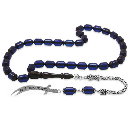 925 Ayar Gümüş Kral Püsküllü Uçlu Kapsül Kesim Kişiye Özel İsim Yazılı Lacivert Sıkma Kehribar Tesbih