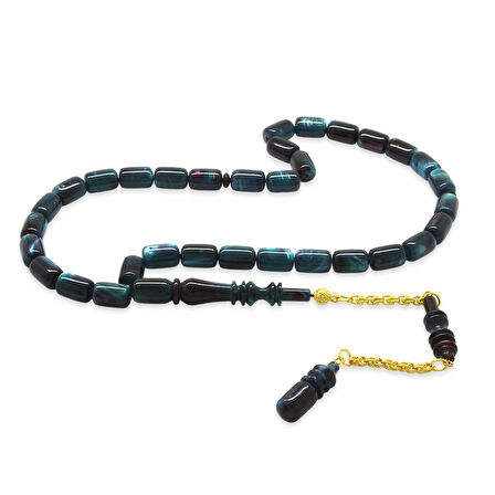 Gold Renk 925 Ayar Gümüş Püsküllü İmamesı Usta İşçilikli Kapsül Kesim Sedefli Mavi-Siyah Katalin Tesbih