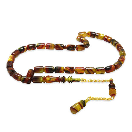 Gold Renk 925 Ayar Gümüş Püsküllü İmamesı Usta İşçilikli Kapsül Kesim Sedefli Ebru Sanatı Mix Renk Katalin Tesbih