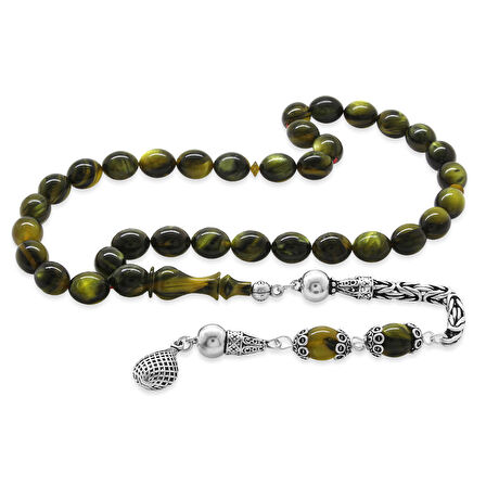 925 Ayar Gümüş Kral Püsküllü Özel Kesim Yeşil-Siyah Sedefli Katalin Tesbih