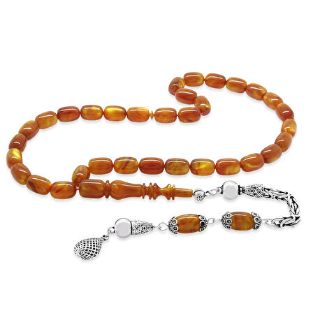 925 Ayar Gümüş Kral Püsküllü Kapsül Kesim Turuncu Kahverengi Sedefli Katalin Tesbih