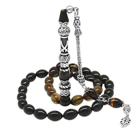 925 Ayar Gümüş Nakkaş İmameli Zülfikar Tasarım Süzme Soft Yeşil Siyah Ateş Kehribar Tesbih