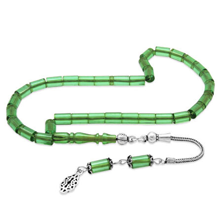 925 Ayar Gümüş Püsküllü Kesme Kesim Bilek Boy Açık Yeşil Ateş Kehribar Tesbih