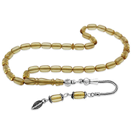 925 Ayar Gümüş Püsküllü Kapsül Kesim Bilek Boy Saman Sarı Ateş Kehribar Tesbih