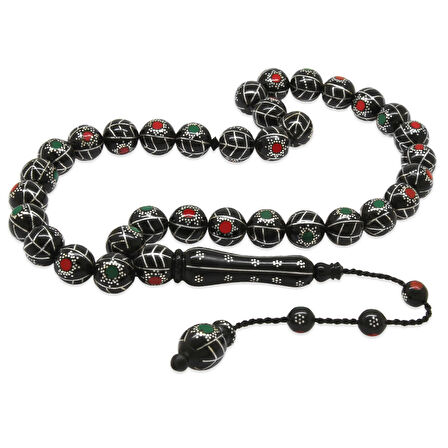 Özel Premium Kutulu Sistemli 925 Ayar Gümüş Çakım Küre Kesim Kırmızı Yeşil Mine İşlemeli Sultan İşi Koleksiyonluk Kuka Tesbih