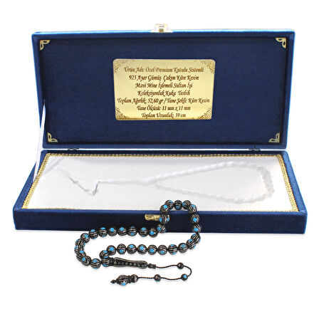 Özel Premium Kutulu Sistemli 925 Ayar Gümüş Çakım Küre Kesim Mavi Mine İşlemeli Sultan İşi Koleksiyonluk Kuka Tesbih