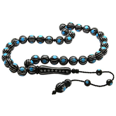 Özel Premium Kutulu Sistemli 925 Ayar Gümüş Çakım Küre Kesim Mavi Mine İşlemeli Sultan İşi Koleksiyonluk Kuka Tesbih