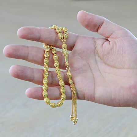 Üçlü Kamçı Püsküllü Çeşmi Bülbül Detaylı Telkari Tasarım Arpa Kesim Altın Rengi 925 Ayar Gümüş Tesbih