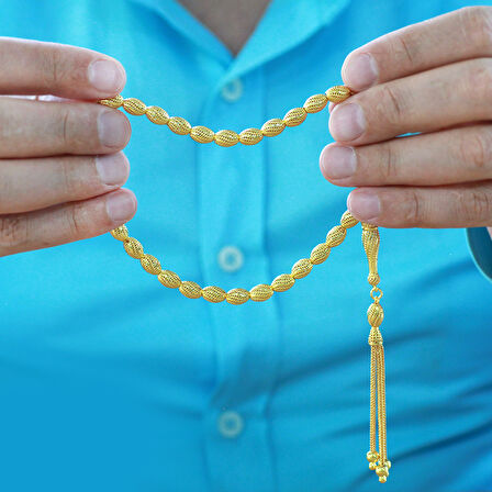 Üçlü Kamçı Püsküllü Çeşmi Bülbül Detaylı Telkari Tasarım Arpa Kesim Altın Rengi 925 Ayar Gümüş Tesbih