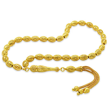 Üçlü Kamçı Püsküllü Çeşmi Bülbül Detaylı Telkari Tasarım Arpa Kesim Altın Rengi 925 Ayar Gümüş Tesbih