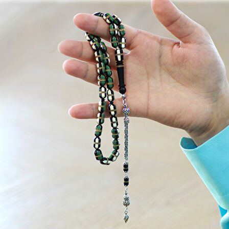 925 Ayar Gümüş Kral Zincir Püsküllü Yeşil Beyaz Mine Dolgulu Pirinç Sarmal Kapsül Kesim Kuka Tesbih