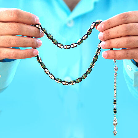 925 Ayar Gümüş Kral Zincir Püsküllü Yeşil Beyaz Mine Dolgulu Pirinç Sarmal Kapsül Kesim Kuka Tesbih