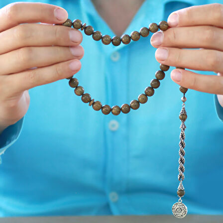 925 Ayar Gümüş Halat Püsküllü Küre Kesim Açık Kahverengi Pelesenk Tesbih