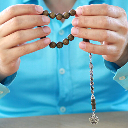 925 Ayar Gümüş Halat Püsküllü Arpa Kesim Kahverengi Pelesenk Efe Tesbih