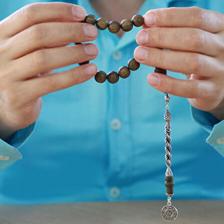 925 Ayar Gümüş Halat Püsküllü Küre Kesim Kahverengi Pelesenk Efe Tesbih