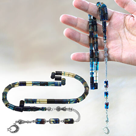 Kararmaz Metal Püsküllü Kesme Kesim Mavi Beyaz Ateş Kehribar Tesbih