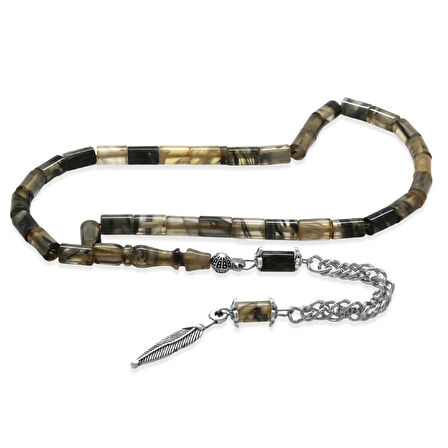 Ateş Kehribar Tesbih - Kararmaz Metal Püsküllü - Bilek Boy - Siyah Beyaz Renk - Kesme Kesim