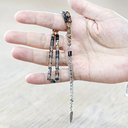 Ateş Kehribar Tesbih - Kararmaz Metal Püsküllü - Bilek Boy - Siyah Beyaz Renk - Kesme Kesim