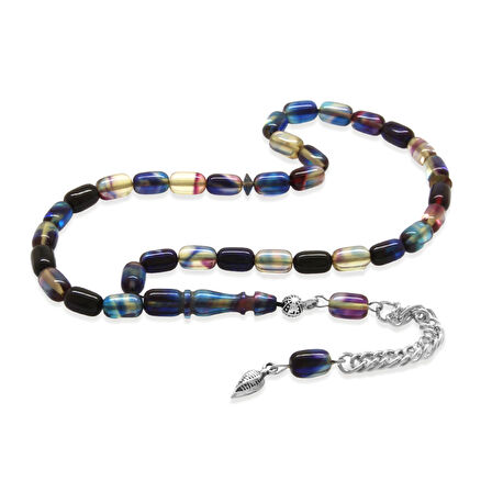 Ateş Kehribar Tesbih - Kararmaz Metal Püsküllü - Bilek Boy - Lacivert Beyaz Renk - Kapsül Kesim